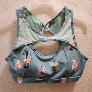 Iron Yokai Cute Boba Tea Print Bra, Keyhole and Open Back Style, 2XL (fits L)